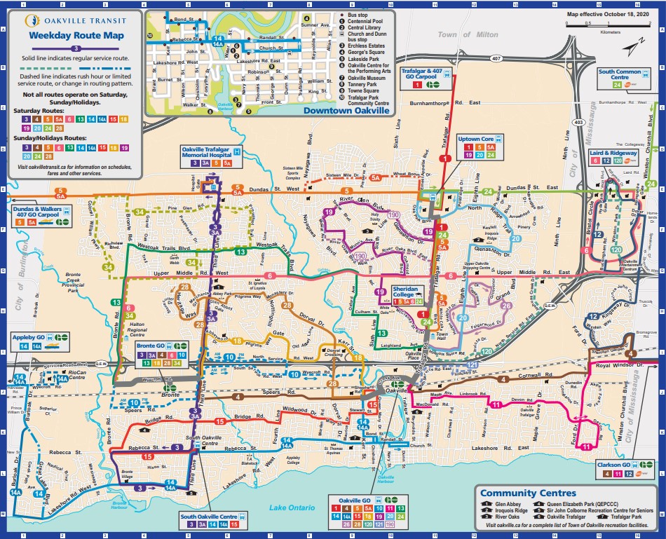 Oakville Transit route map | My journey includes travel on buses #1, 14A, 3, 13 and 20. | Kim Arnott